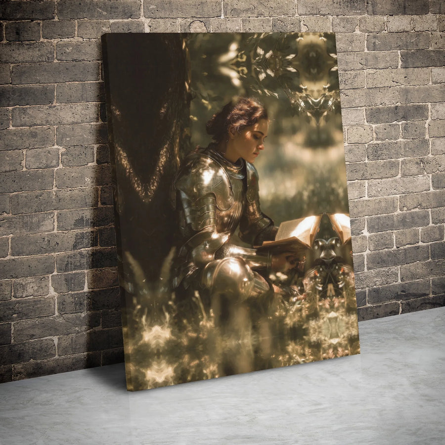 Woman Knight Canvas Art | Medieval Fantasy Warrior Reading Book | Premium Gallery Wrap Print | Whimsical Home Decor Gift for Fantasy Lovers