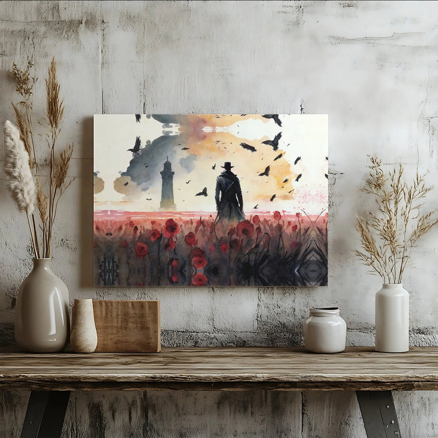 Mysterious Man in Trench Coat Canvas Art | Watercolor Lighthouse Poppy Field Print | Premium Gallery Wrap | Dark Aesthetic Wall Decor
