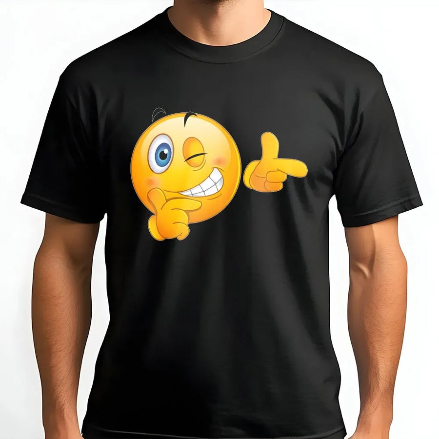 Winking Smiley Finger Guns T-Shirt | Playful Emoji Graphic Design | 100% Cotton Premium Tee | Unisex Funny Gift for Men and Women