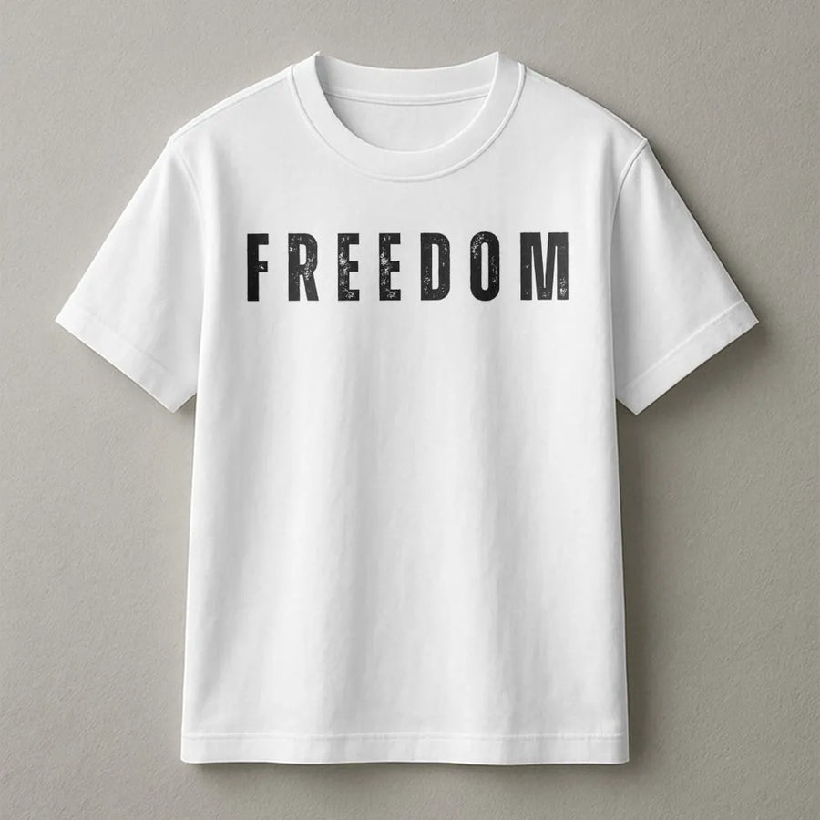 Freedom Graphic T-Shirt | Distressed Typography Print | Premium 100% Cotton | Patriotic Casual Gift for Adults