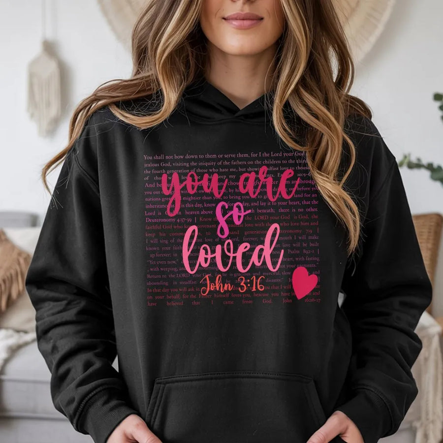 Christian Hoodie | You Are So Loved Bible Verse Heart | Soft Cozy Fleece | Christian Valentine's Day Gift for Her