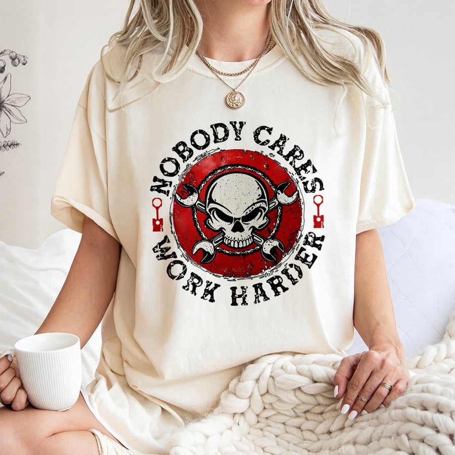 Nobody Cares Work Harder T-Shirt | Distressed Skull and Wrench Mechanic Design | 100% Cotton Premium Tee | Motivational Gift for Men and Blue Collar Workers