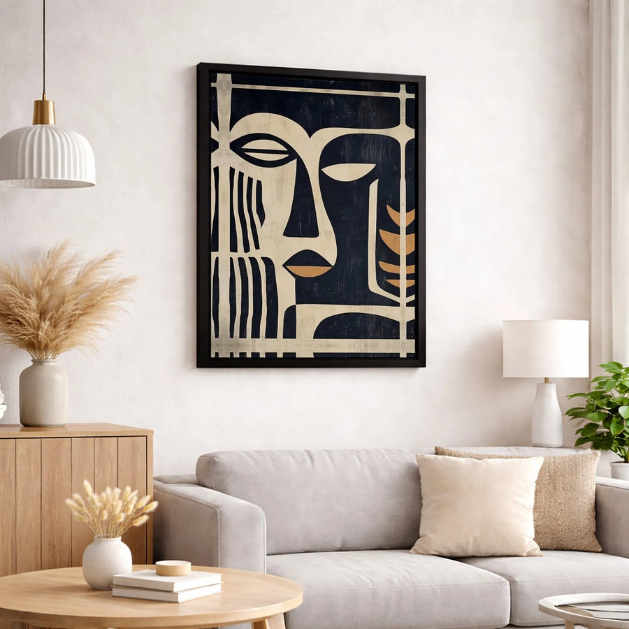 Abstract Tribal Face Canvas Art | Mid-Century Modern Geometric Wall Decor | Premium 1.25-Inch Gallery Wrap | Bohemian Living Room Statement Gift