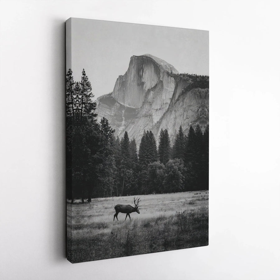 Yosemite Half Dome Wall Art | Black and White Elk Nature Landscape | Premium Gallery Canvas | National Park Decor Gift for Adventurers