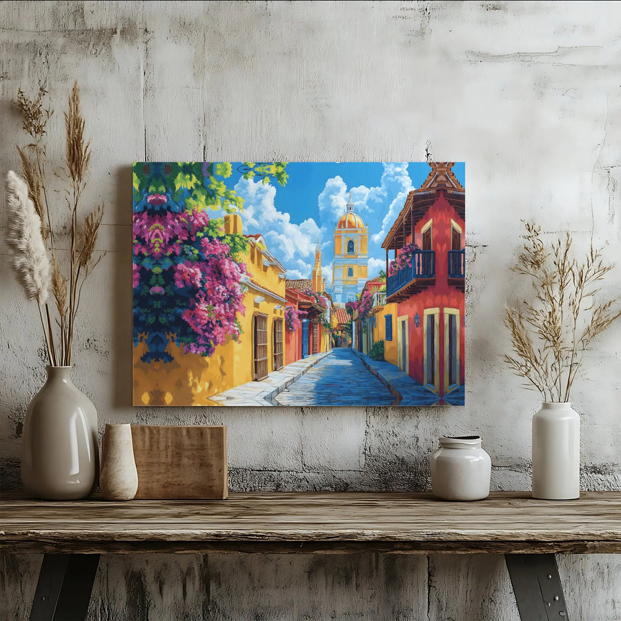 Spanish Colonial Street Canvas Art | Vibrant Cartagena Architecture With Bougainvillea | Gallery Wrapped Premium Print | Mediterranean Home Decor Gift