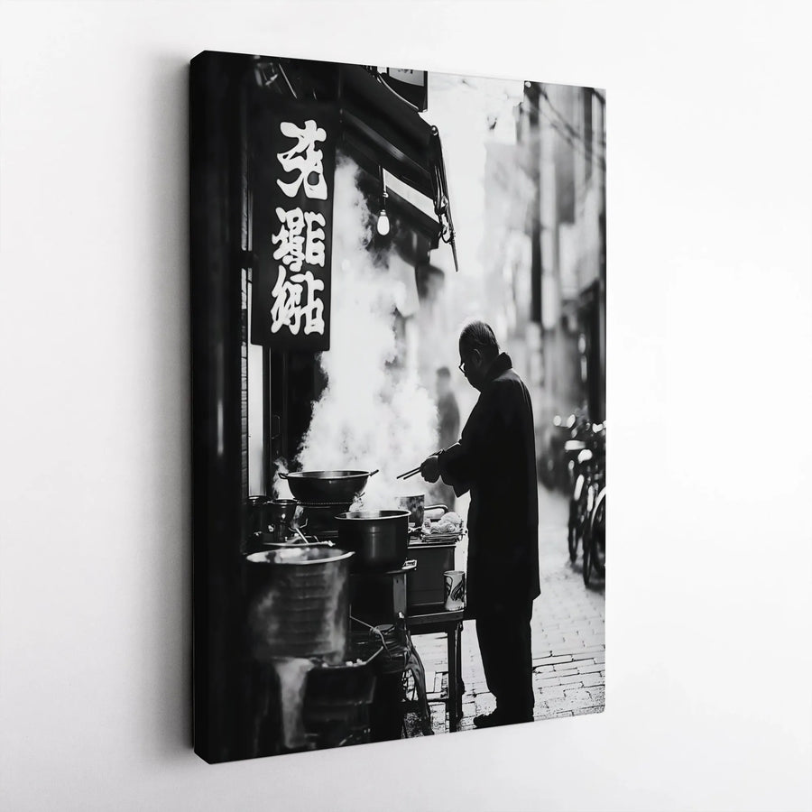 Asian Street Food Canvas Print | Monochrome Chef Cooking Wall Art | 1.25-Inch Gallery Wrap | Restaurant Decor & Culinary Gift