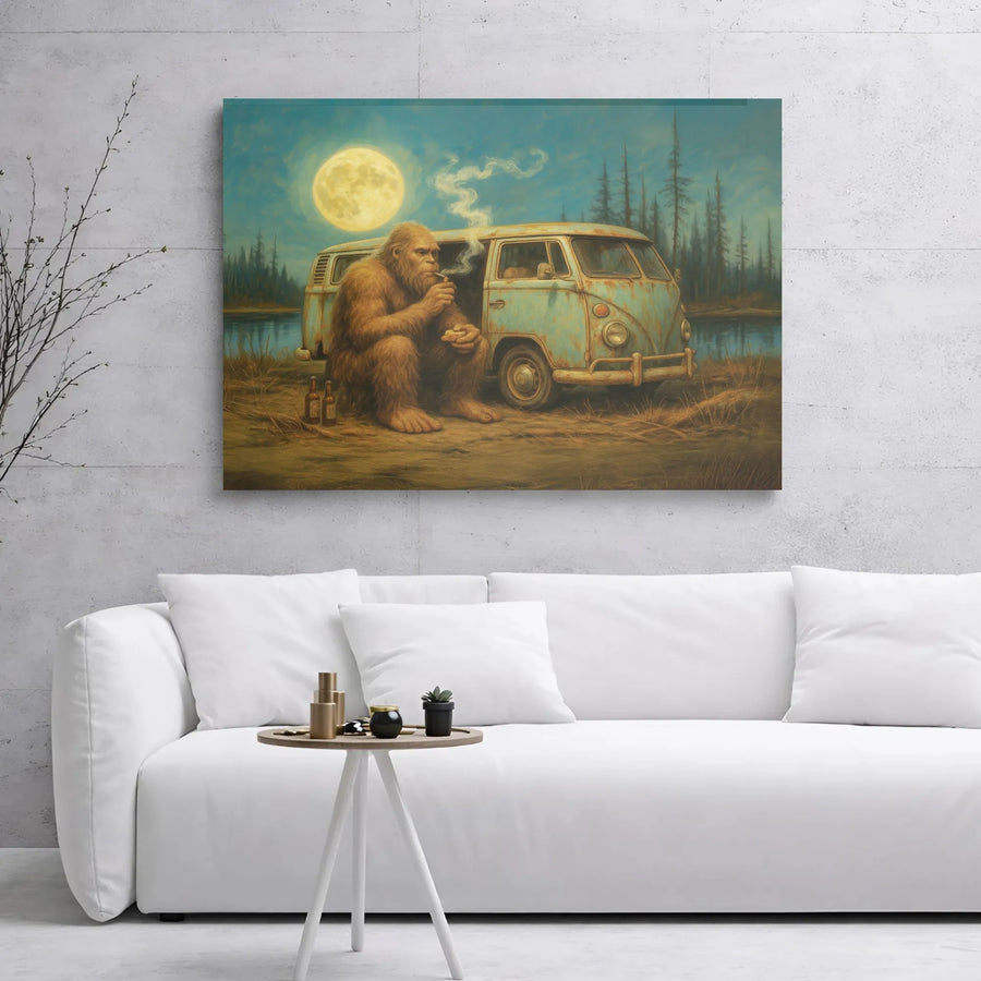 Bigfoot Wall Art Canvas | Smoking Sasquatch by Retro Van | Premium Gallery Wrap Decor | Unique Man Cave Gift for Cryptid Lovers