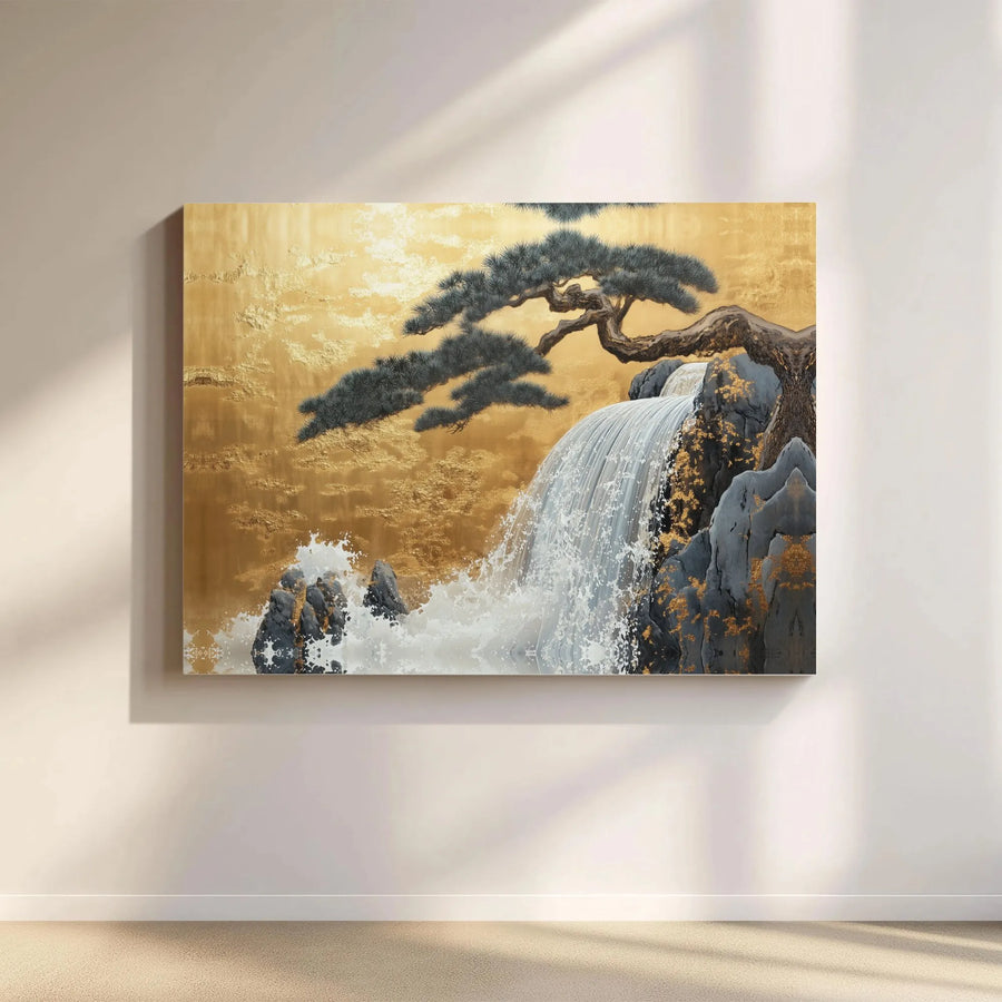 Japanese Waterfall Canvas Print | Ukiyo-e Style Pine Tree Art with Gold Background | 1.25" Thick Gallery Wrap | Zen Inspired Home Decor Gift