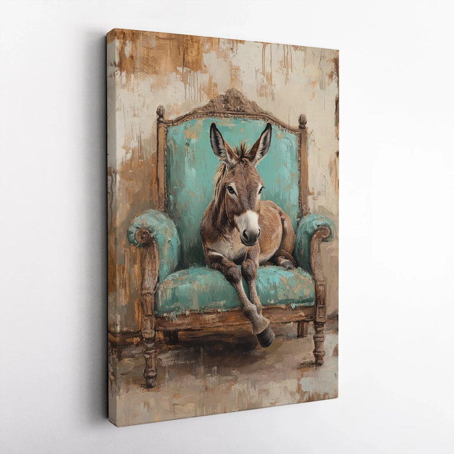 Donkey Wall Art Canvas | Whimsical Sitting Donkey in Teal Chair | Premium 1.25-Inch Thick Gallery Wrap | Farmhouse Decor Gift for Animal Lovers