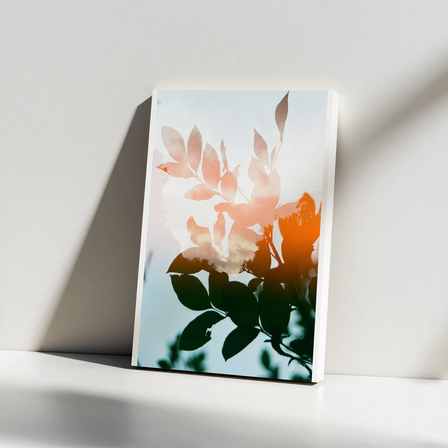 Abstract Botanical Vertical Canvas | Modern Leaf Silhouette Double Exposure Art | Premium Gallery Wrapped Print | Living Room & Office Wall Decor Gift