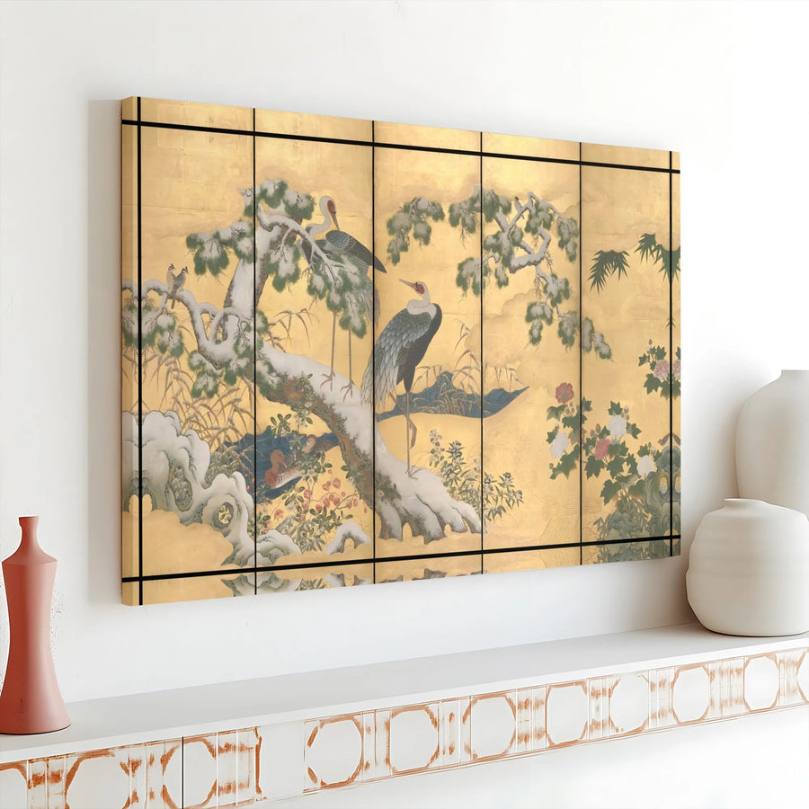 Japanese Crane Canvas Wall Art | Snowy Pine Tree Gold Screen Print | Premium Gallery Wrapped Decor | Zen Asian Home Gift