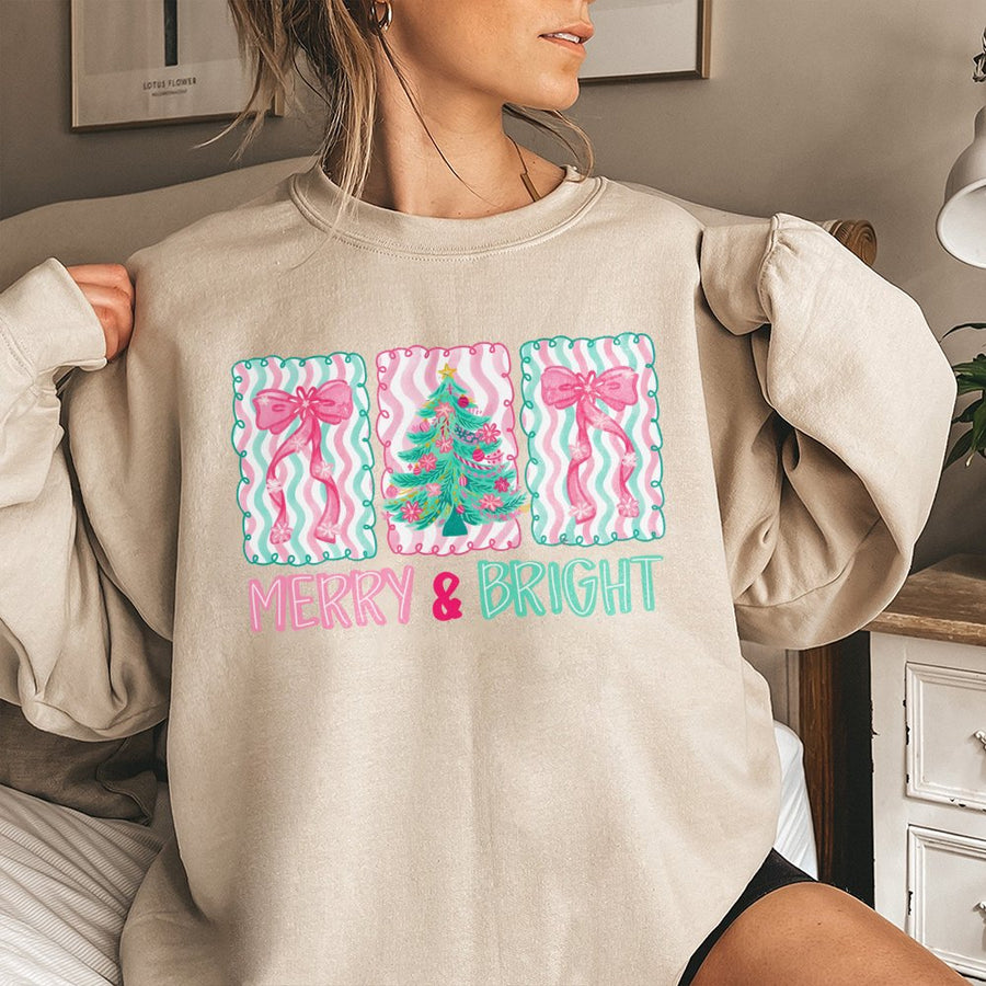 Merry and Bright Christmas Sweatshirt | Cute Pink Bow Tree Graphic | Premium Cotton Blend Crewneck | Festive Holiday Gift for Women