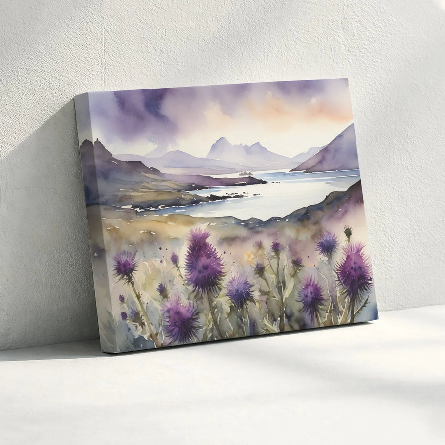 Scottish Thistle Canvas Wall Art | Watercolor Highland Landscape Print | Premium Gallery Wrapped Canvas | Scotland Home Decor Gift for Living Room