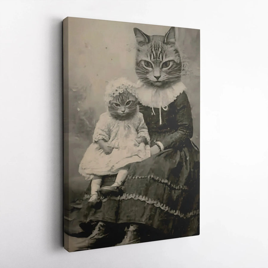 Victorian Cat Portrait Wall Art | Vintage Mother and Kitten Photography Print | Premium Gallery Wrapped Canvas | Whimsical Home Decor Gift