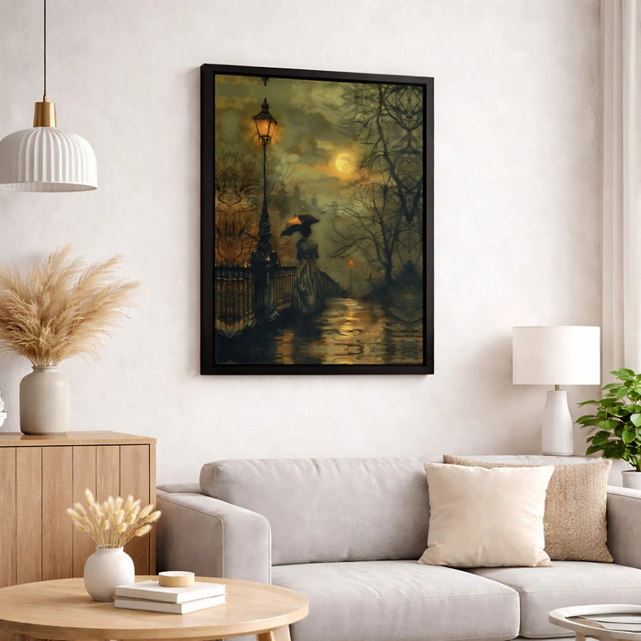 Gothic Victorian Wall Art | Moonlit Rainy Night Street Scene | 1.25-Inch Premium Canvas | Atmospheric Home Decor Gift for Dark Academia Fans
