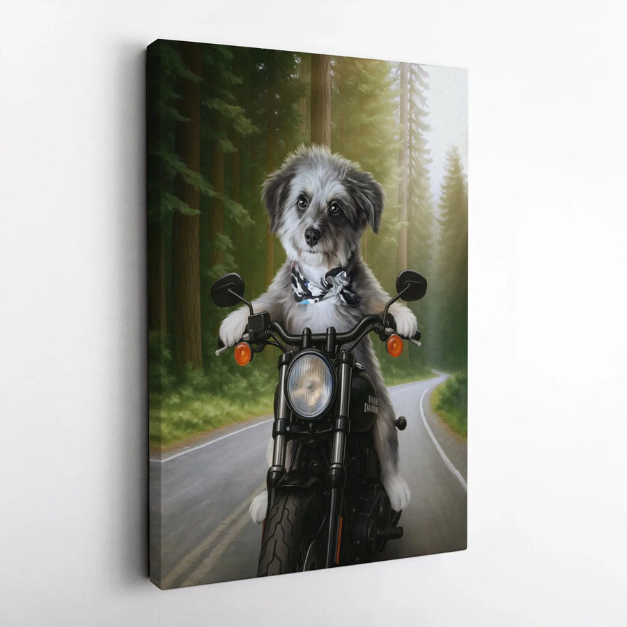 Dog Riding Motorcycle Canvas Wall Art | Funny Biker Puppy Print | Premium Fade-Resistant Gallery Wrap | Unique Gift for Dog Lovers and Riders