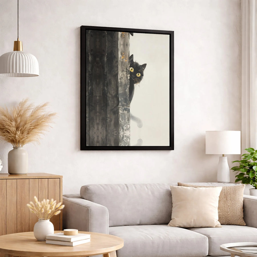 Peeking Black Cat Canvas Wall Art | Whimsical Yellow-Eyed Kitty Print | Premium Gallery-Wrapped Fade-Resistant | Modern Home Decor Gift