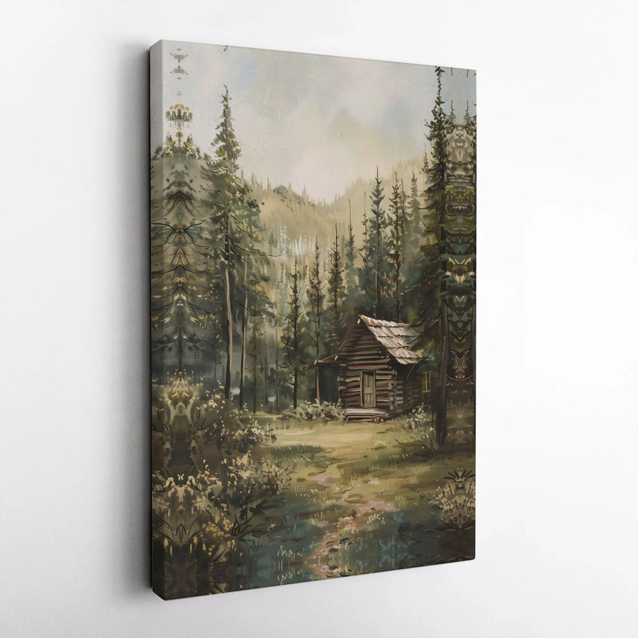 Log Cabin Wall Art | Rustic Pine Forest Painting | Premium Gallery Wrap Canvas | Cozy Cabin Decor for Living Room Gift