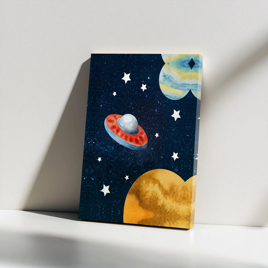 Watercolor Space Canvas Wall Art | UFO Flying Saucer Planets Print | Premium Gallery Wrap Decor | Kids Nursery & Boys Bedroom Gift