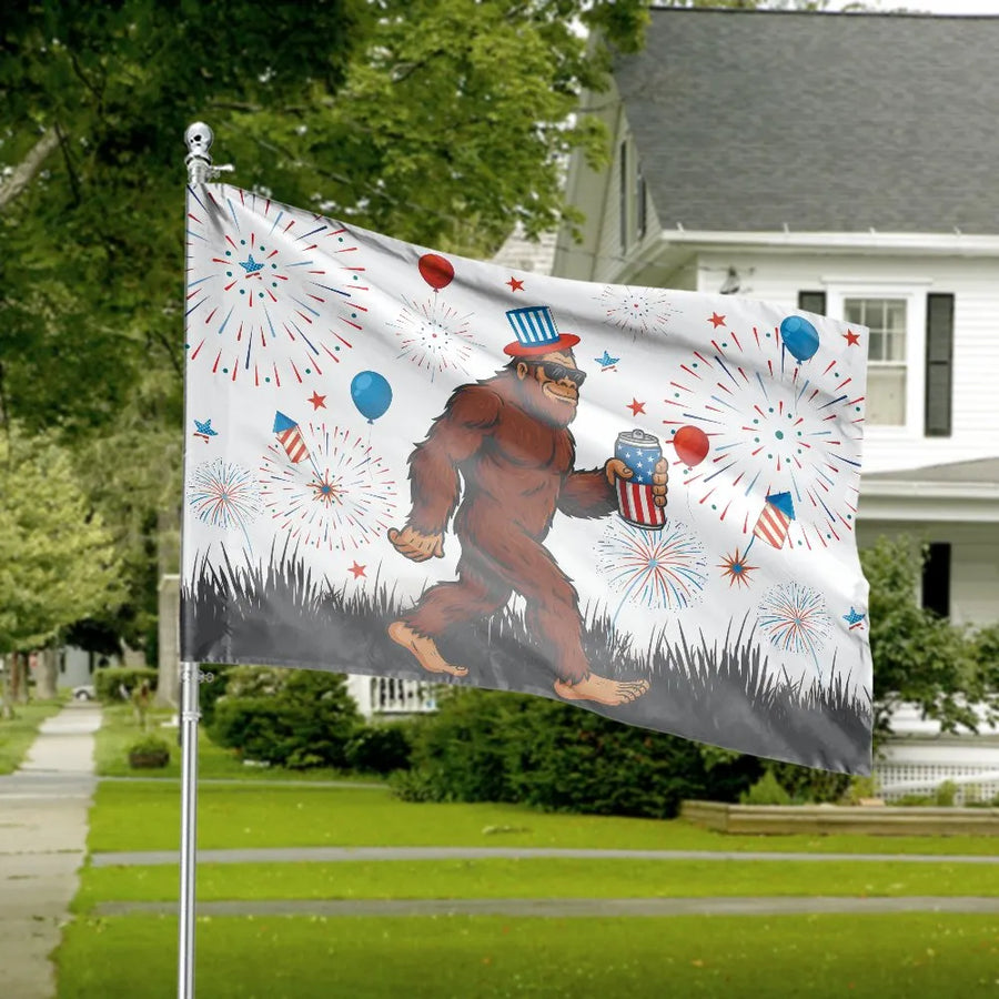 Patriotic Bigfoot House Flag | Funny 4th of July Sasquatch with Fireworks | Double-Sided Weatherproof Polyester | American Pride Yard Decor Gift
