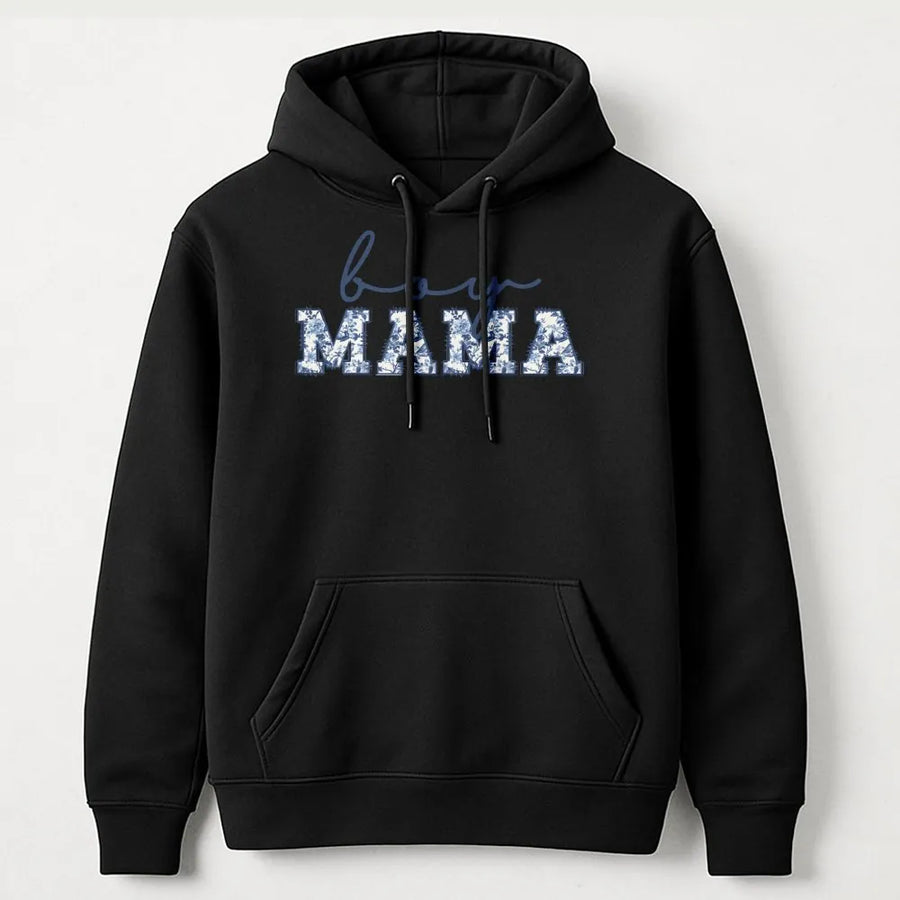 Boy Mama Hoodie | Blue Toile Floral Lettering Design | Premium Cotton Blend Comfort | New Mom Pregnancy Announcement Baby Shower Gift