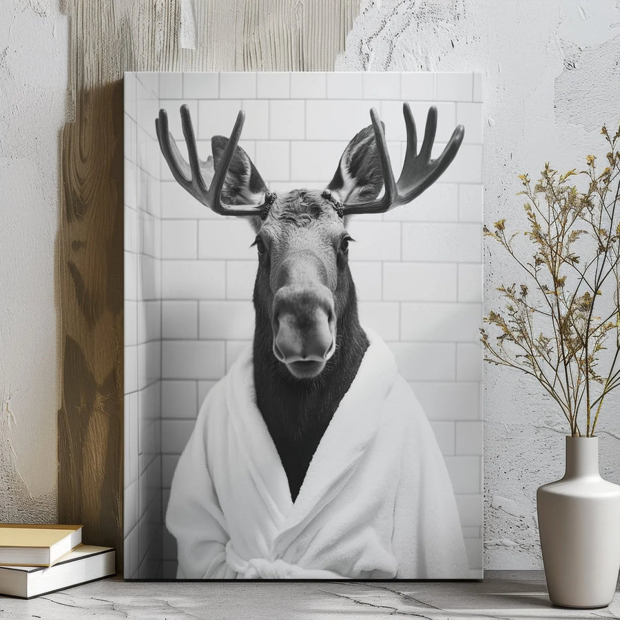 Funny Moose Wall Art | Quirky Animal in Bathrobe Portrait | Premium Gallery Wrapped Canvas | Bathroom Decor Gift for Nature Lovers