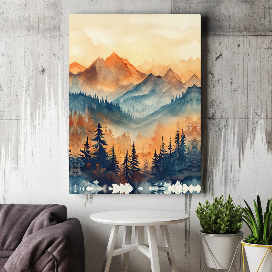 Watercolor Mountain Canvas Print | Orange and Blue Forest Landscape | 1.25 Inch Gallery Wrap | Nature-Inspired Premium Wall Art for Modern Home