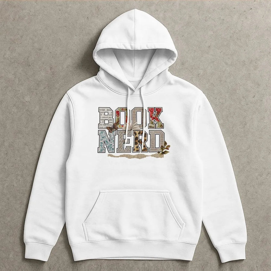 Book Nerd Hoodie | Retro Collage & Floral Letters | Premium Cotton | Gift for Book Lovers, Readers & Librarians
