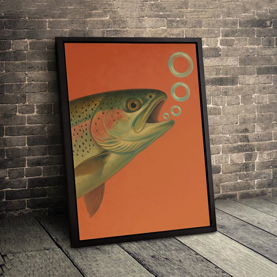 Rainbow Trout Canvas Art | Vintage Fish Illustration Blowing Bubbles | Premium Gallery Wrap Print | Fisherman Gift & Cabin Decor
