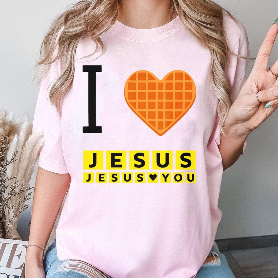 I Love Jesus Waffle Heart T-Shirt | Funny Christian Breakfast Graphic Tee | Premium 100% Cotton Apparel | Faith-Based Gift for Him and Her