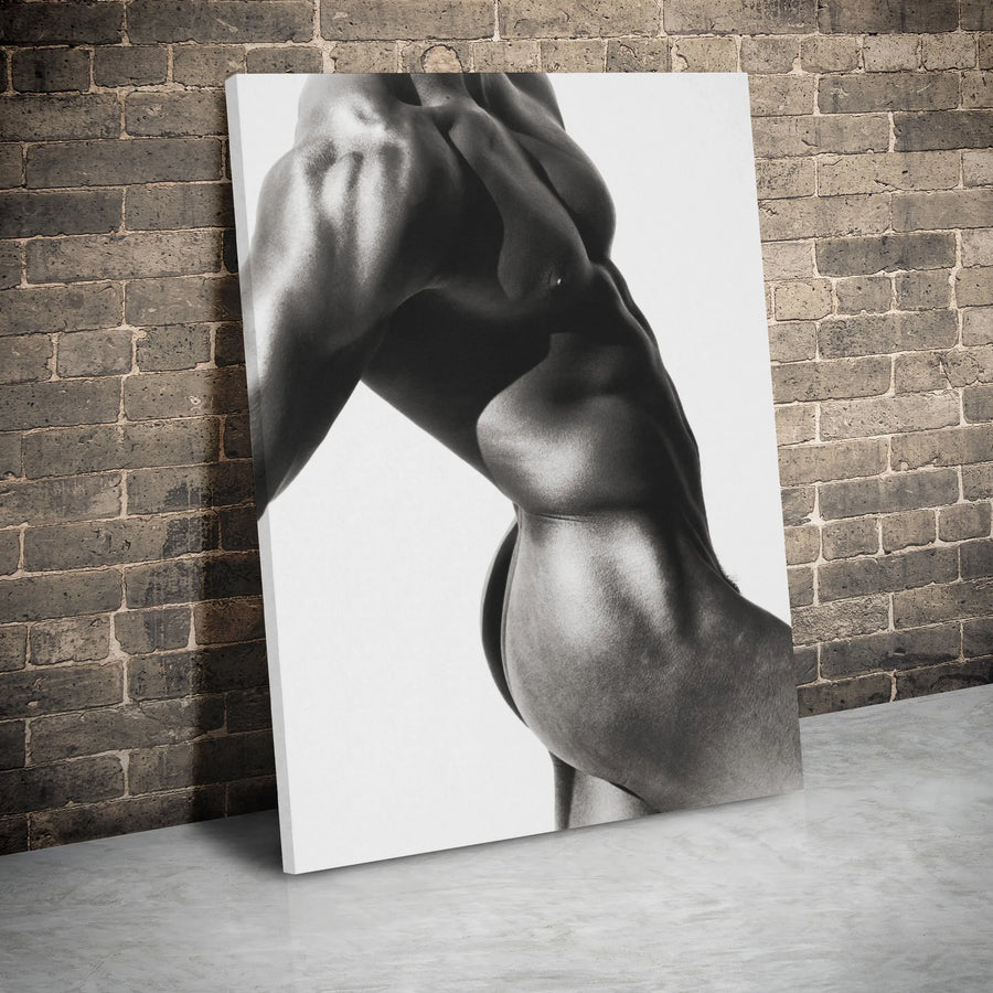 Muscular Male Torso Canvas Print | Black and White Fitness Bodybuilding Photography | Premium 1.25 Inch Gallery Wrap | Modern Home Gym Decor