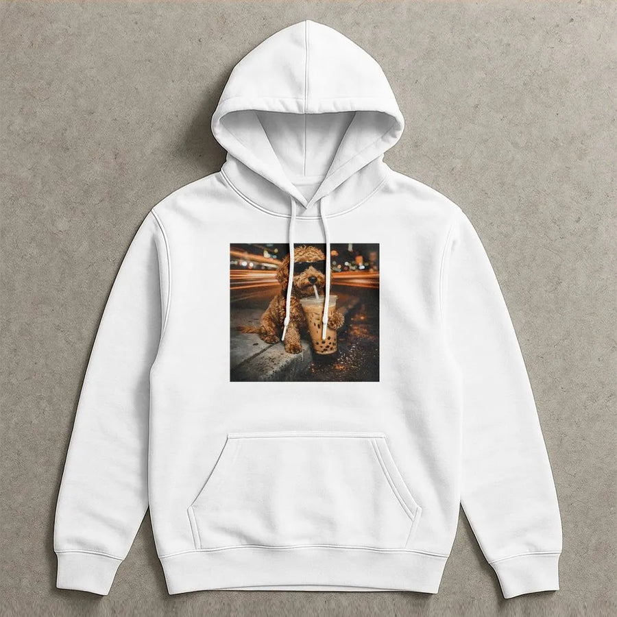 Funny Dog Hoodie | Poodle with Sunglasses Drinking Boba Tea | Premium Cotton Tee | Unique Gift for Dog Lover