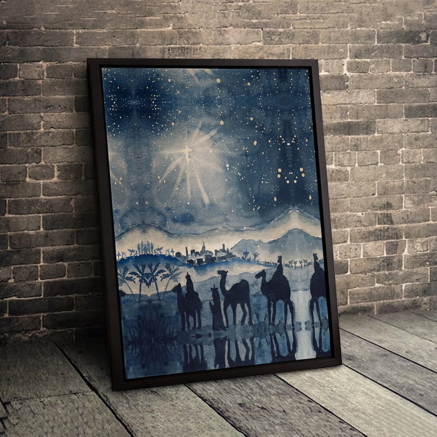 Nativity Scene Canvas Print | Three Wise Men Following Bethlehem Star | Watercolor Religious Wall Art | Premium Christmas Holiday Home Decor