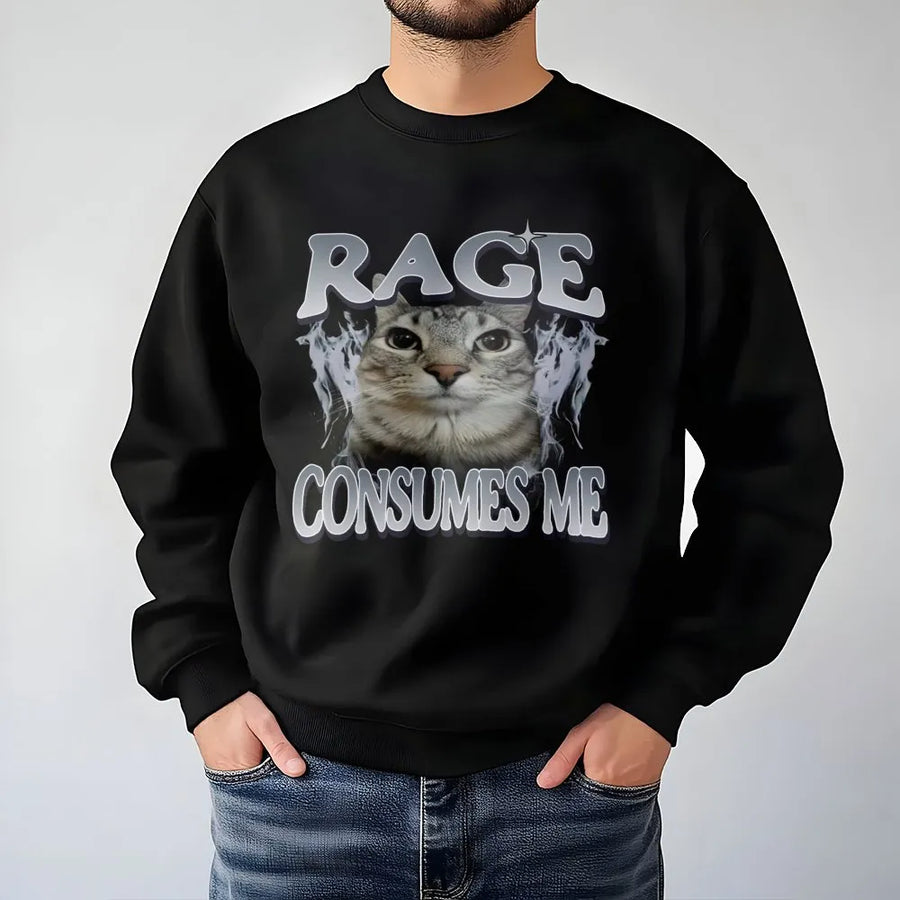 Rage Consumes Me Cat Sweatshirt | Funny Grumpy Kitten Graphic | Premium Cotton Blend Crewneck | Edgy Aesthetic Meme Gift for Cat Lovers