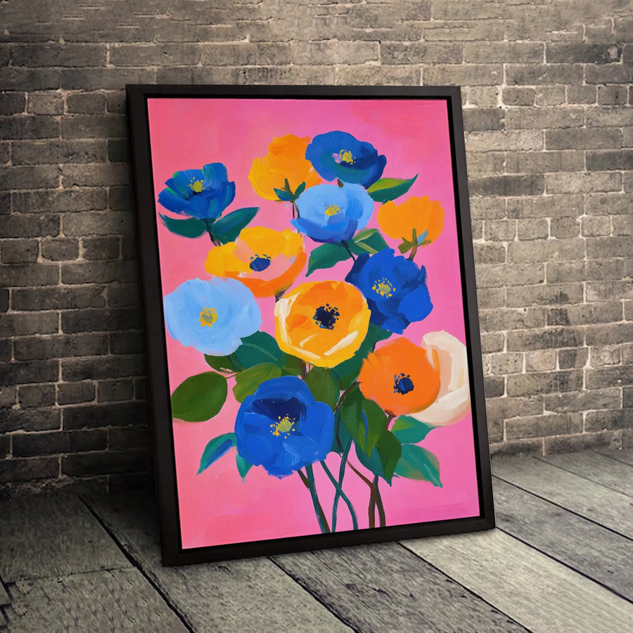 Abstract Floral Canvas Wall Art | Colorful Blue and Orange Flower Bouquet Painting | Gallery-Wrapped Premium Decor | Modern Gift for Her