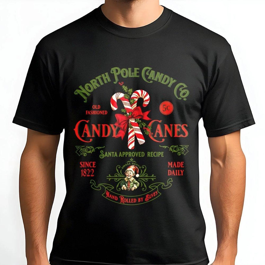Christmas Candy Cane T-Shirt | Vintage North Pole Candy Co Design | Premium 100% Cotton | Festive Holiday Gift for Candy Lovers