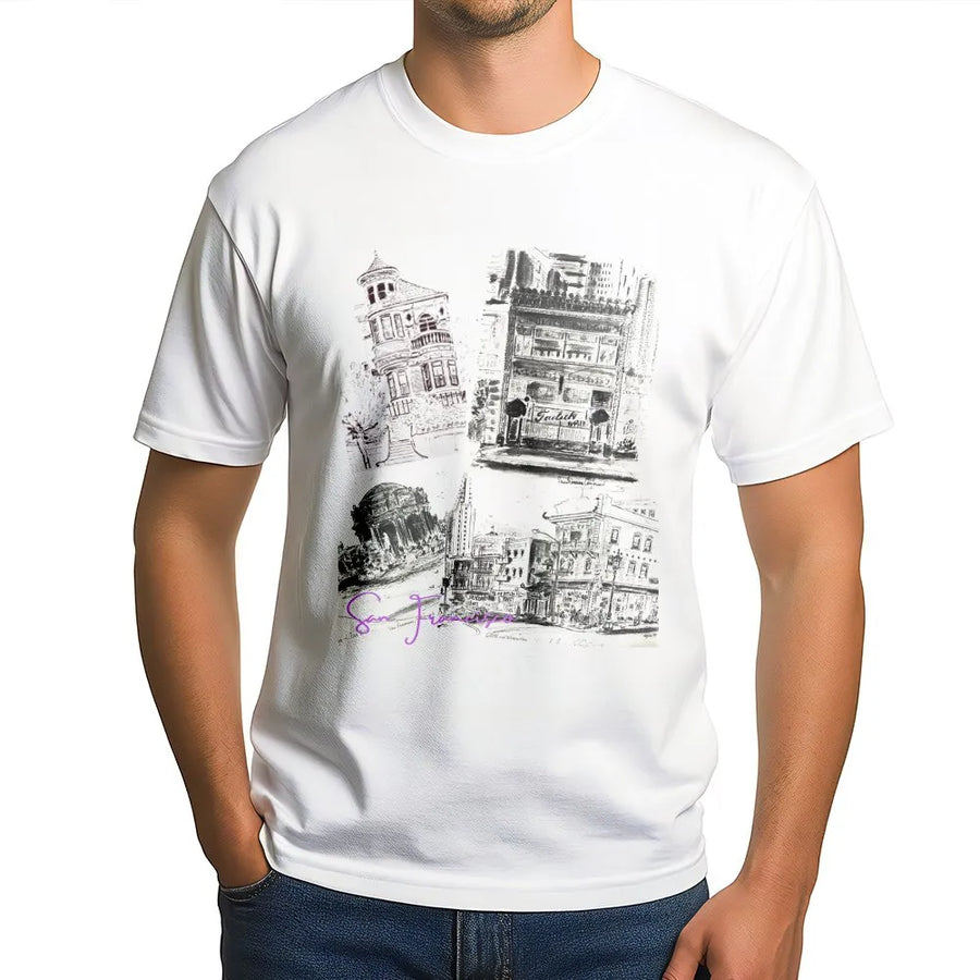 San Francisco City Sketch T-Shirt | Architectural Landmark Collage Art | Premium Cotton Travel Souvenir | Unisex California Urban Graphic Tee