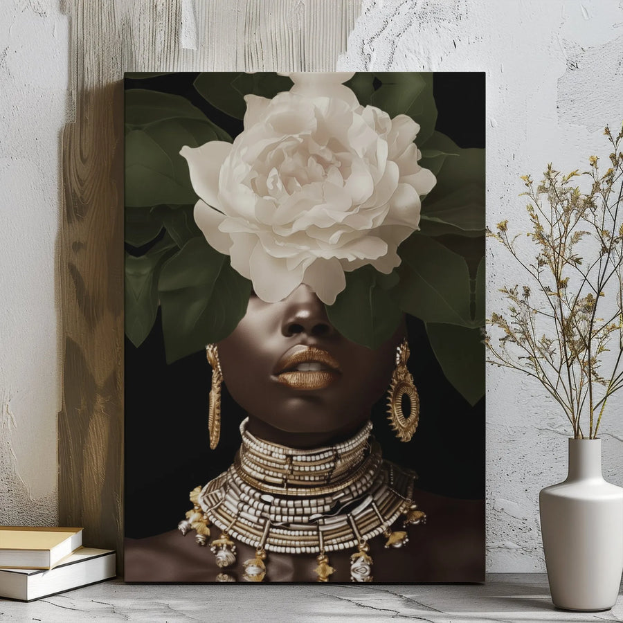 Black Woman Canvas Wall Art | Portrait With White Peony & Gold Jewelry | Premium Gallery Wrapped Print | Modern Afrocentric Home Decor Gift