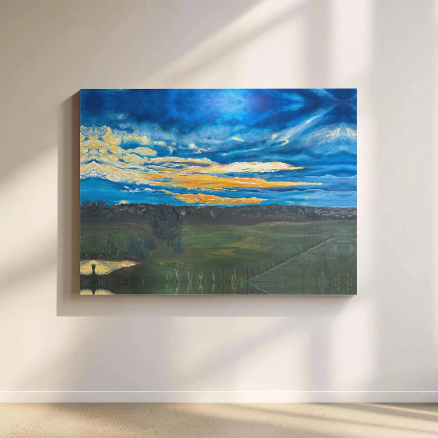 Impressionist Landscape Canvas Art | Vibrant Sunset Over Green Fields | Premium Gallery Wrapped Canvas | Modern Farmhouse Living Room Decor Gift