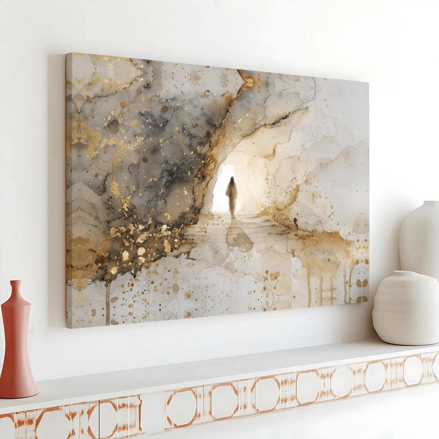 Jesus Resurrection Wall Art | Abstract Tomb Light Gold Foil Canvas | Premium Gallery Wrap Print | Christian Religious Home Decor Gift