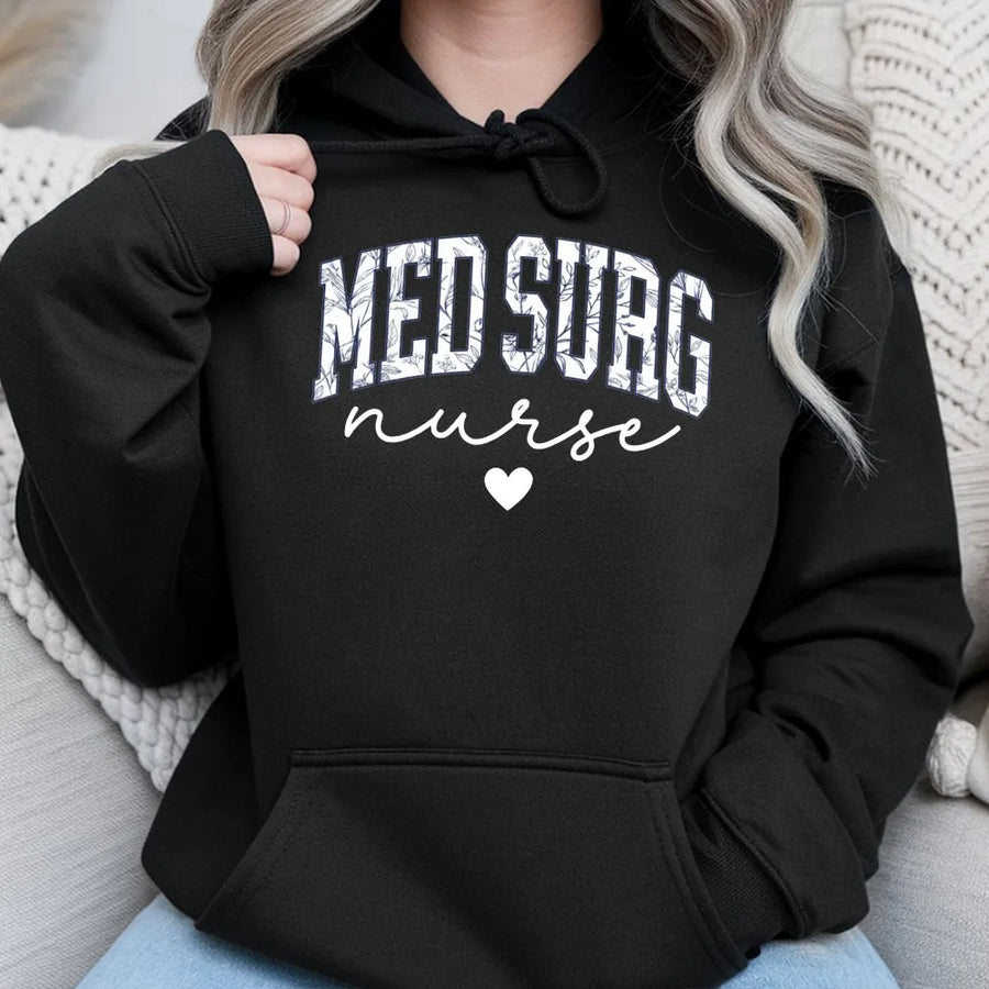 Med Surg Nurse Hoodie | Floral Collegiate Lettering Design | Soft Cotton-Polyester Blend | Premium Gift for Registered Nurse & Nursing Student
