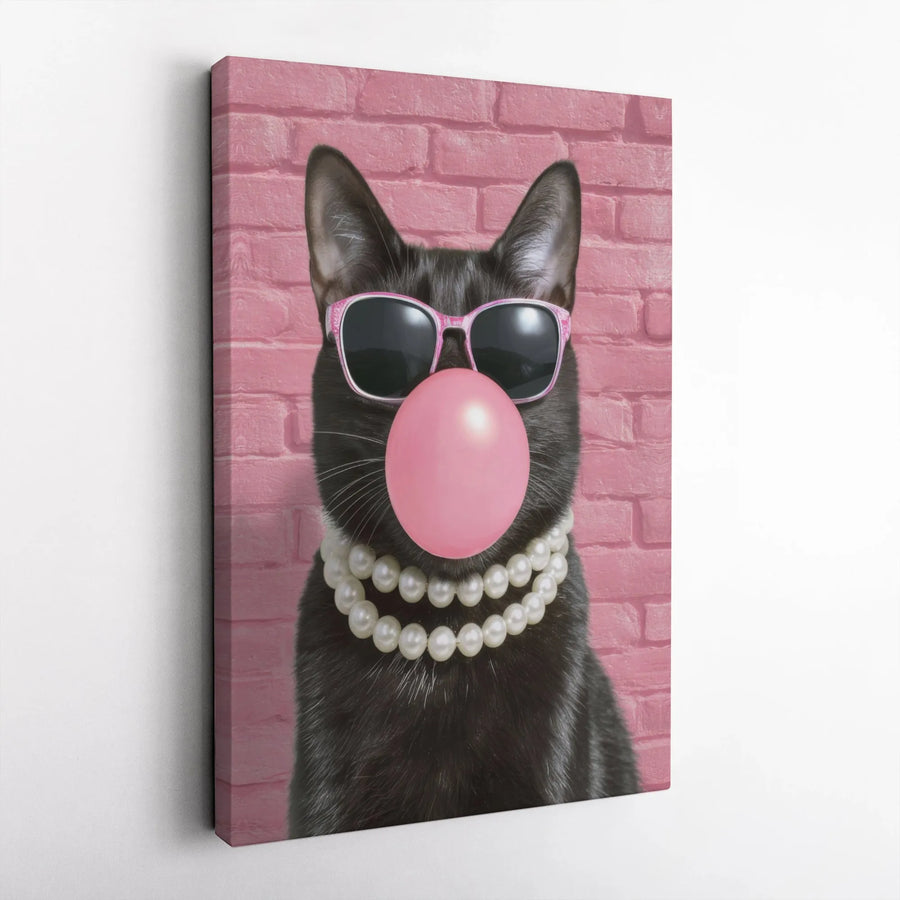 Black Cat Canvas Wall Art | Pink Sunglasses Bubble Gum Portrait | Premium Gallery Wrap Print | Whimsical Animal Decor For Cat Lovers
