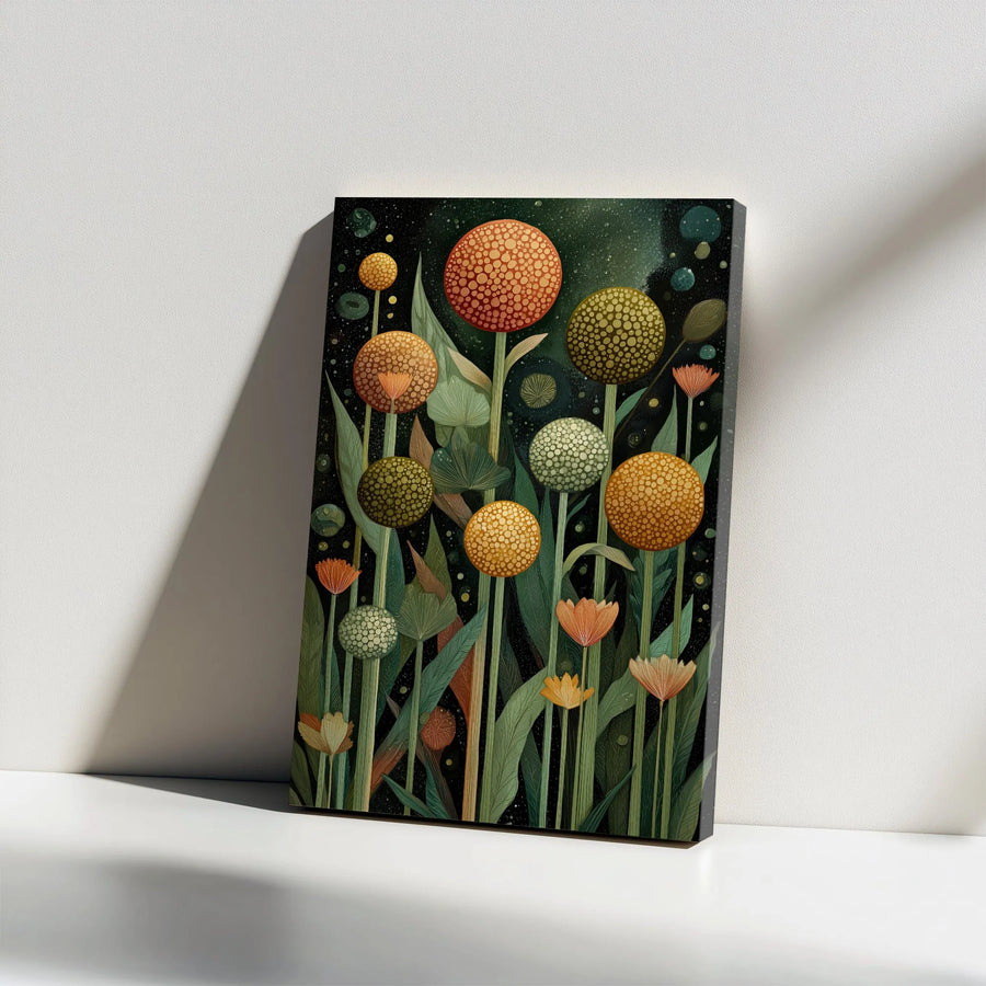 Modern Botanical Canvas Wall Art | Stylized Allium Flower Print with Textured Dots | Premium Frameless Canvas | Living Room & Office Decor Gift