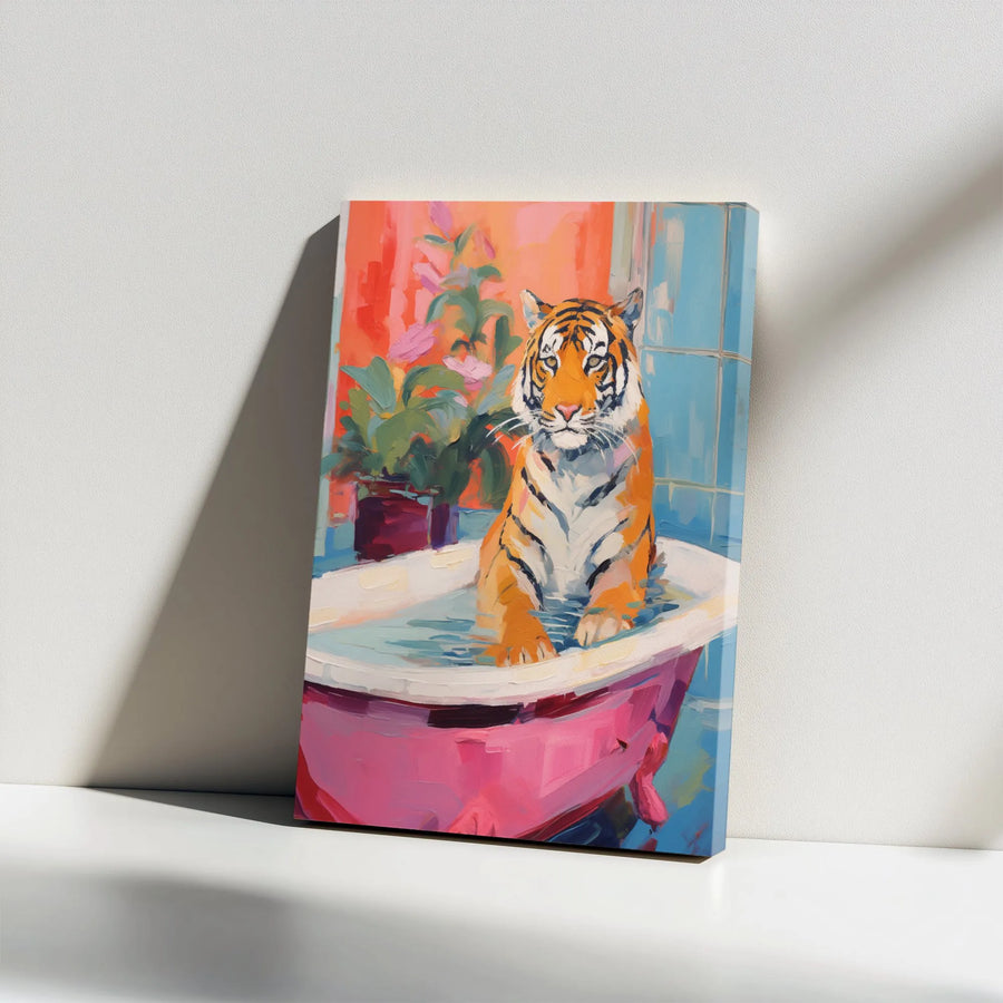 Tiger In A Pink Bathtub Canvas Wall Art | Whimsical Animal Oil Painting Style | 1.25" Thick Gallery Wrap | Unique Home Decor Gift For Animal Lovers