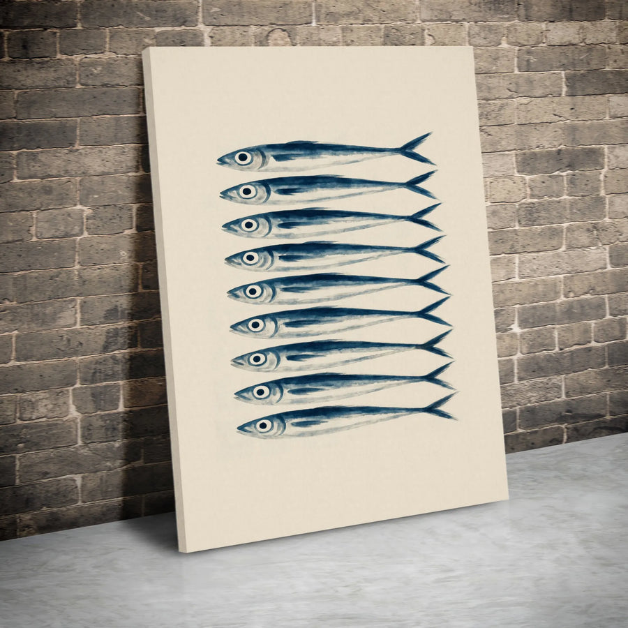 Sardine Fish Wall Art Canvas | Minimalist Watercolor Nautical Print | Gallery Quality 1.25-inch Thick Profile | Coastal Decor Gift for Beach House