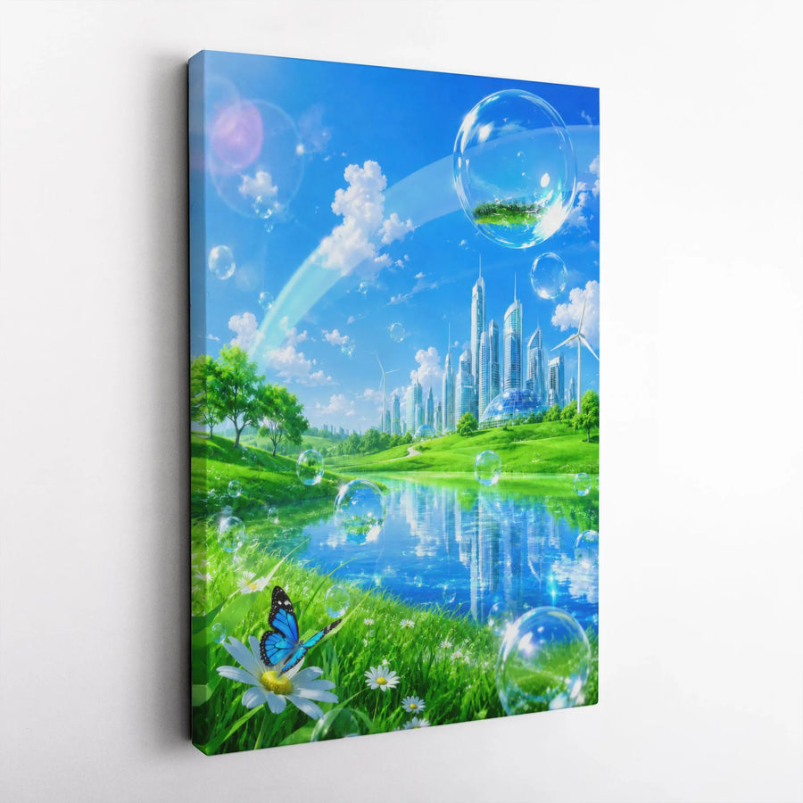 Futuristic City Vertical Canvas | Solarpunk Utopian Landscape with Blue Butterfly & Bubbles | 1.25 Inch Premium Gallery Wrap | Modern Eco-Futurism Wall Art Gift for Living Room