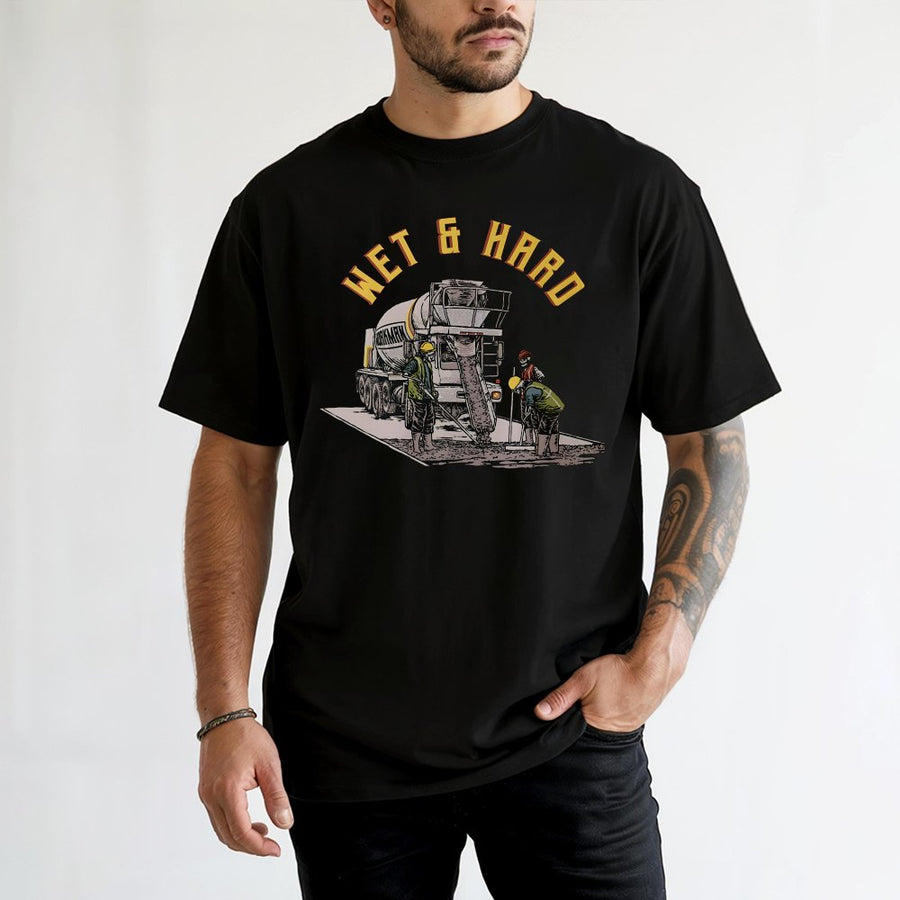 Concrete Worker T-Shirt | Wet & Hard Cement Truck Funny Graphic | 100% Cotton Premium Tee | Construction Gift for Contractor