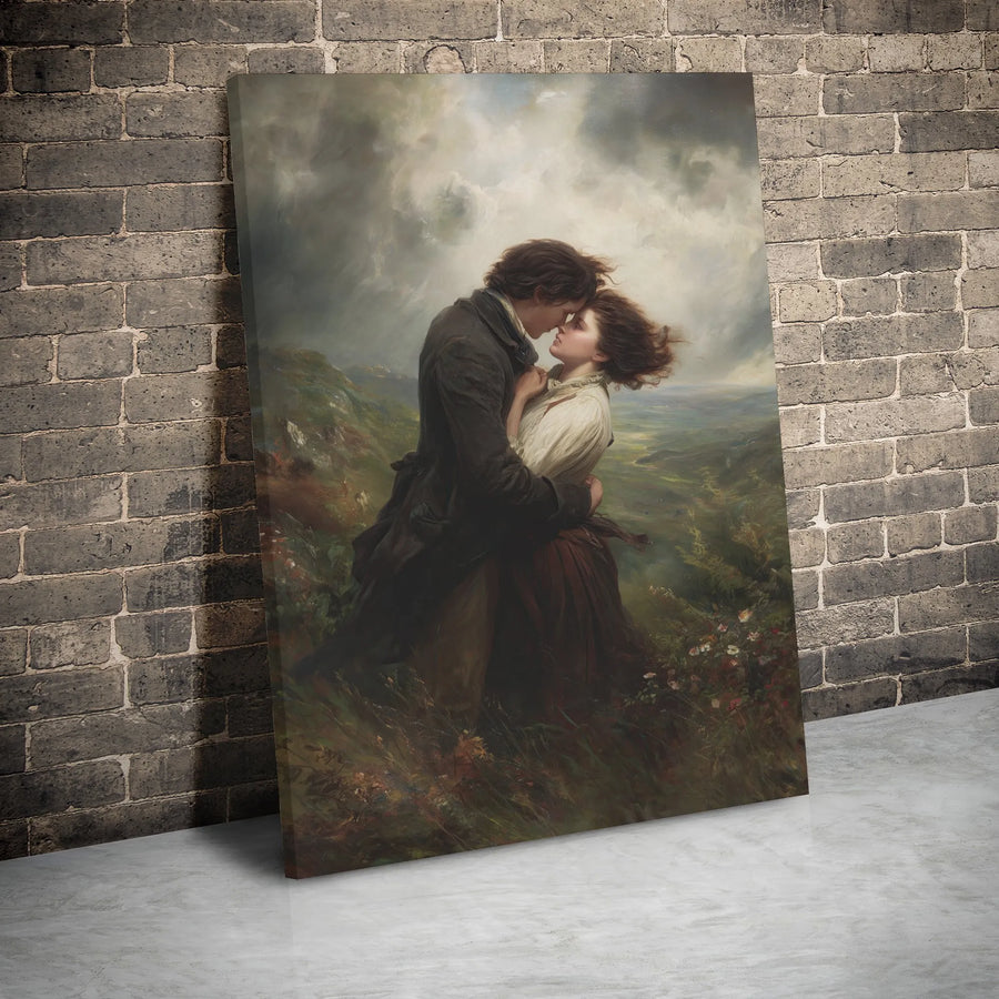 Romantic Couple Canvas Wall Art | Stormy Hillside Oil Painting Style | Premium Gallery Wrap Print | Gothic Victorian Decor Gift for Her