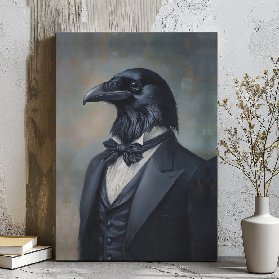 Anthropomorphic Crow Canvas Art | Dapper Raven in Tuxedo Portrait | Gallery Wrapped Premium Print | Unique Gothic Home Decor Gift