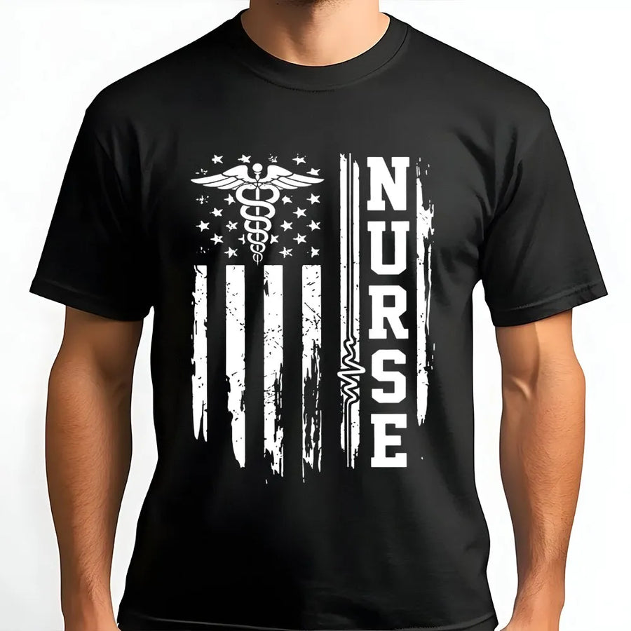 Nurse American Flag T-Shirt | Distressed Caduceus Heartbeat Design | Premium Cotton Apparel | Patriotic Nursing School Graduation Gift for RN LPN